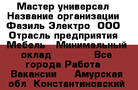 Мастер-универсал › Название организации ­ Фазиль Электро, ООО › Отрасль предприятия ­ Мебель › Минимальный оклад ­ 30 000 - Все города Работа » Вакансии   . Амурская обл.,Константиновский р-н